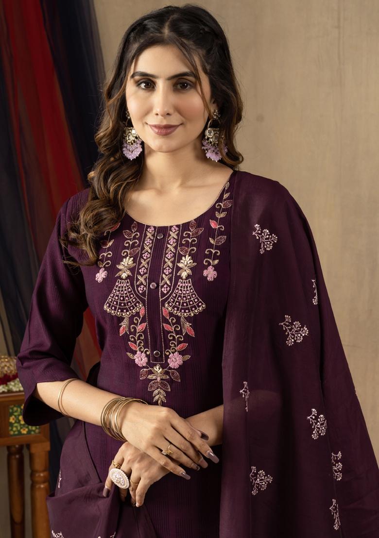 Wine Embroidery Viscose Salwar Kameez With Dupatta - Indya