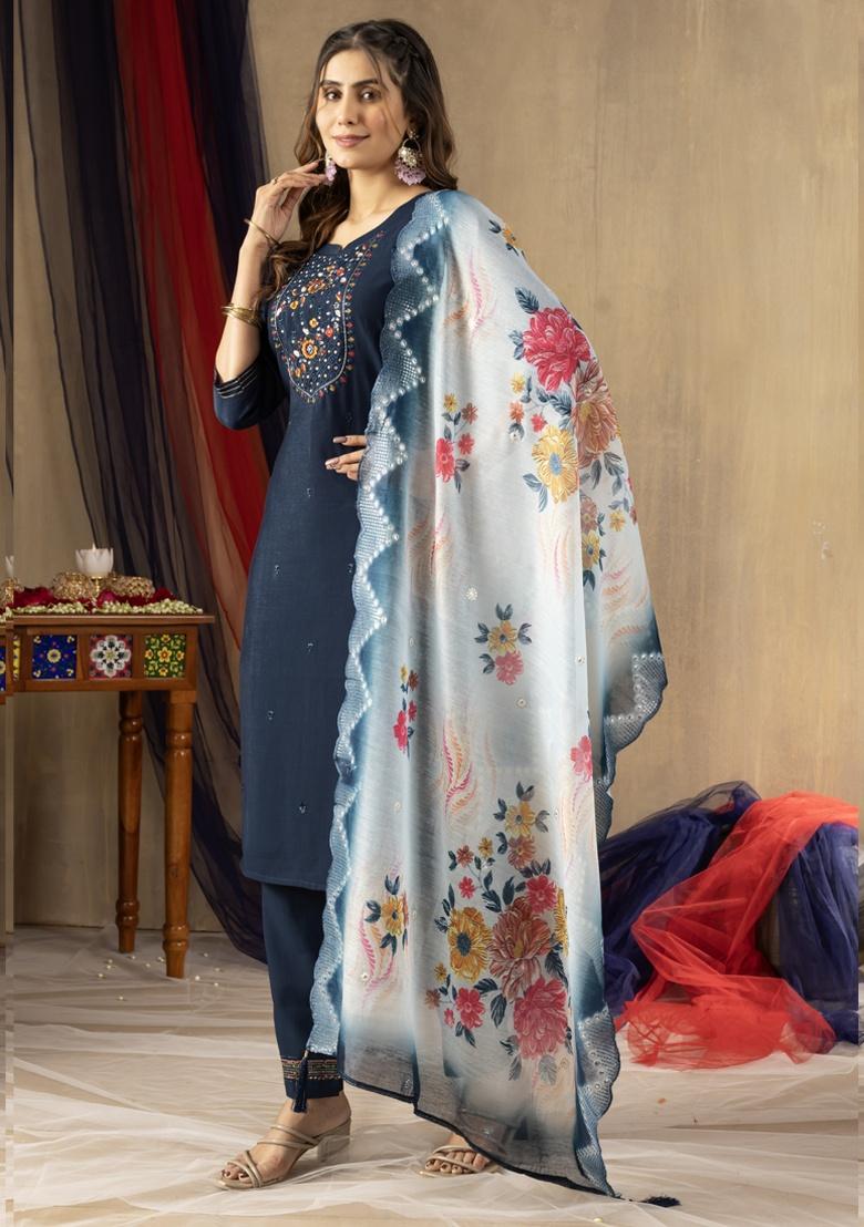 Blue Embroidery Viscose Salwar Kameez With Dupatta - Indya