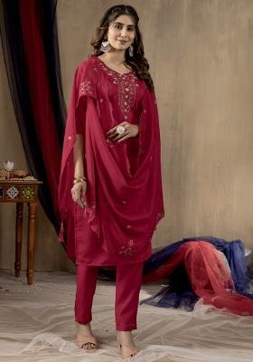 Rani Pink Embroidery Silk Salwar Kameez With Dupatta