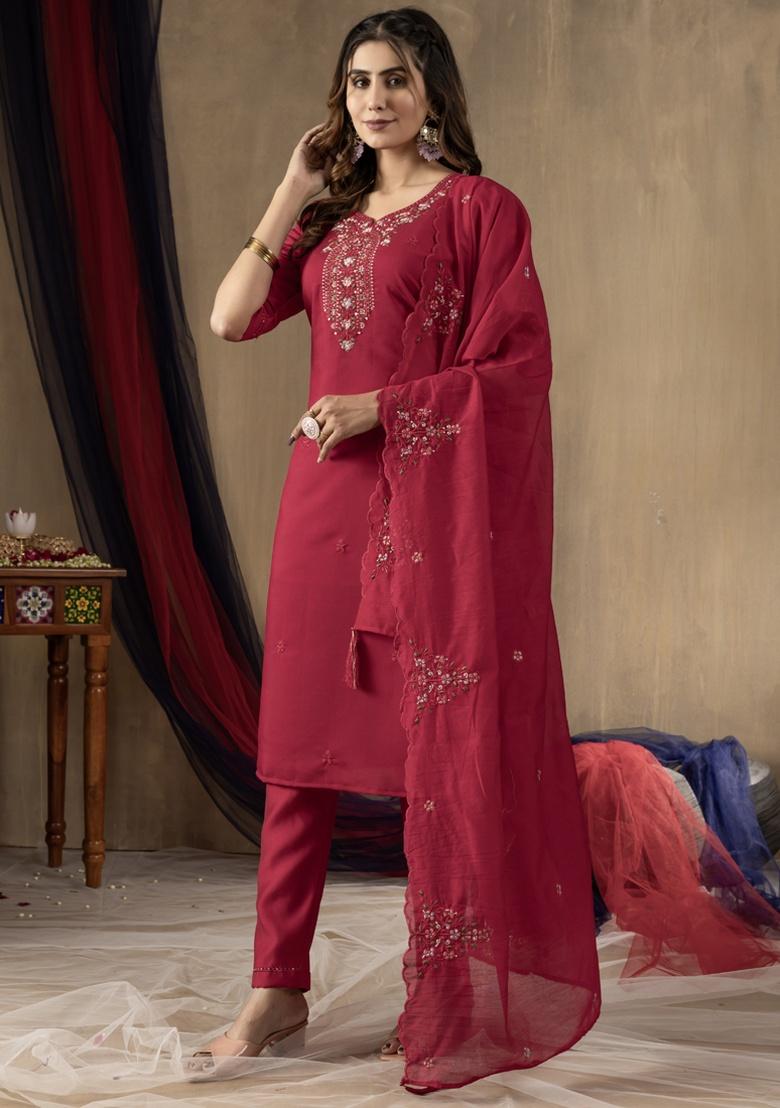 Rani Pink Embroidery Silk Salwar Kameez With Dupatta - Indya