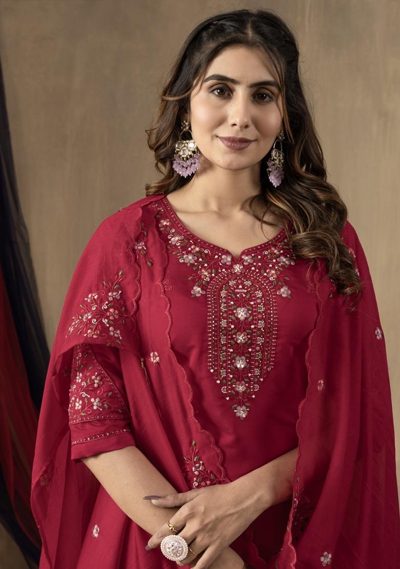 Rani Pink Embroidery Silk Salwar Kameez With Dupatta - Indya