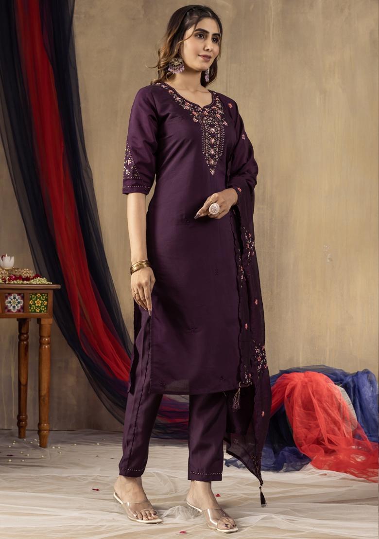 Wine Embroidery Silk Salwar Kameez With Dupatta - Indya