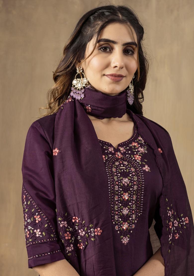 Wine Embroidery Silk Salwar Kameez With Dupatta - Indya