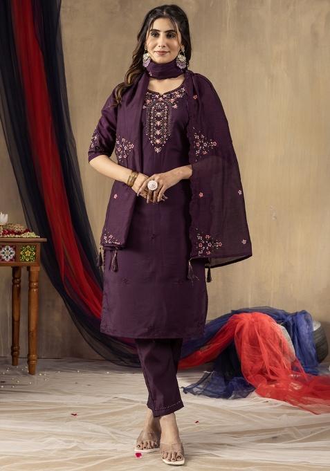Wine Embroidery Silk Salwar Kameez With Dupatta