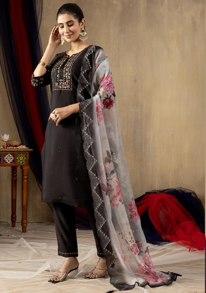 Black Embroidery Silk Salwar Kameez With Dupatta - Indya