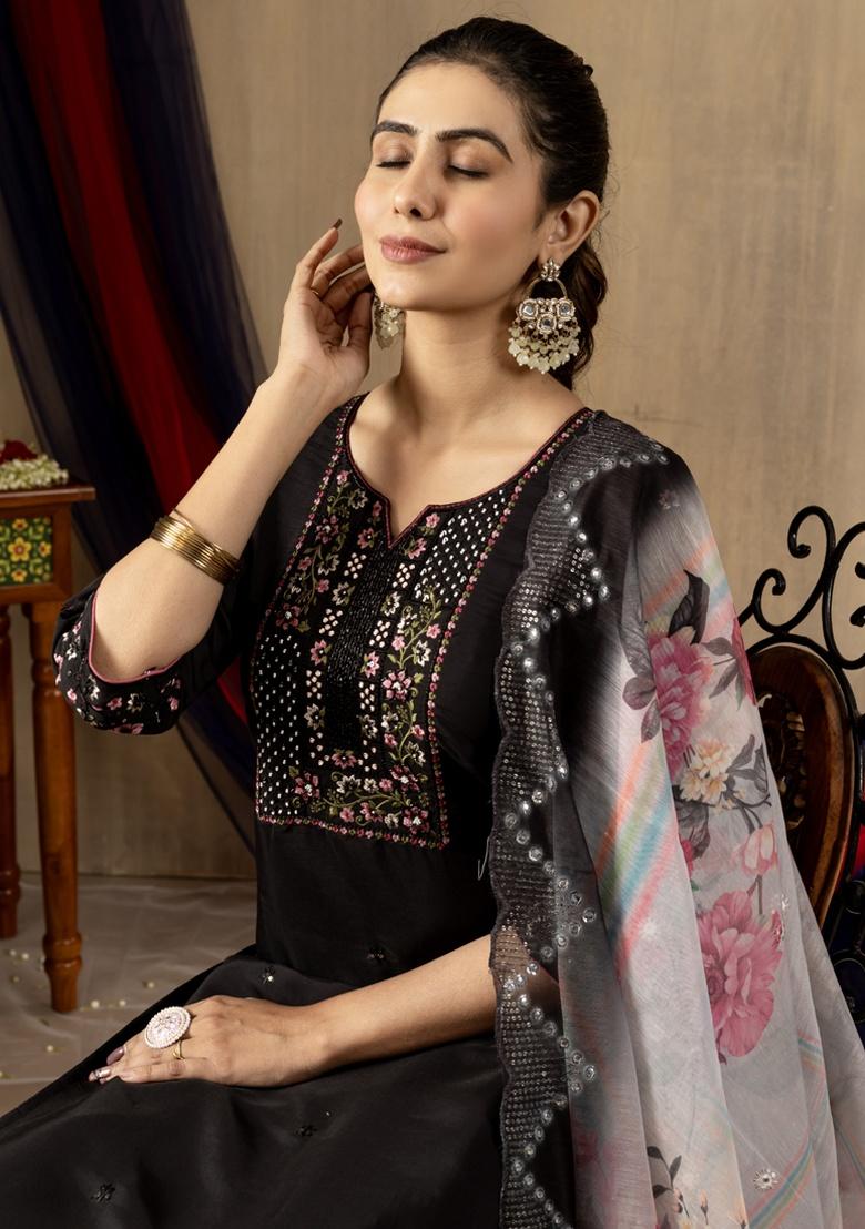 Black Embroidery Silk Salwar Kameez With Dupatta - Indya