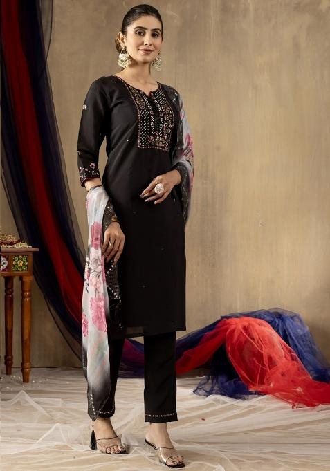 Black Embroidery Silk Salwar Kameez With Dupatta