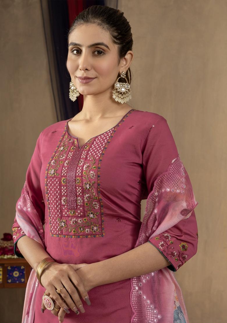Onion Pink Embroidery Silk Salwar Kameez With Dupatta - Indya