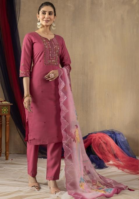 Onion Pink Embroidery Silk Salwar Kameez With Dupatta