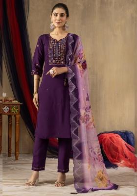 Purple Embroidery Silk Salwar Kameez With Dupatta