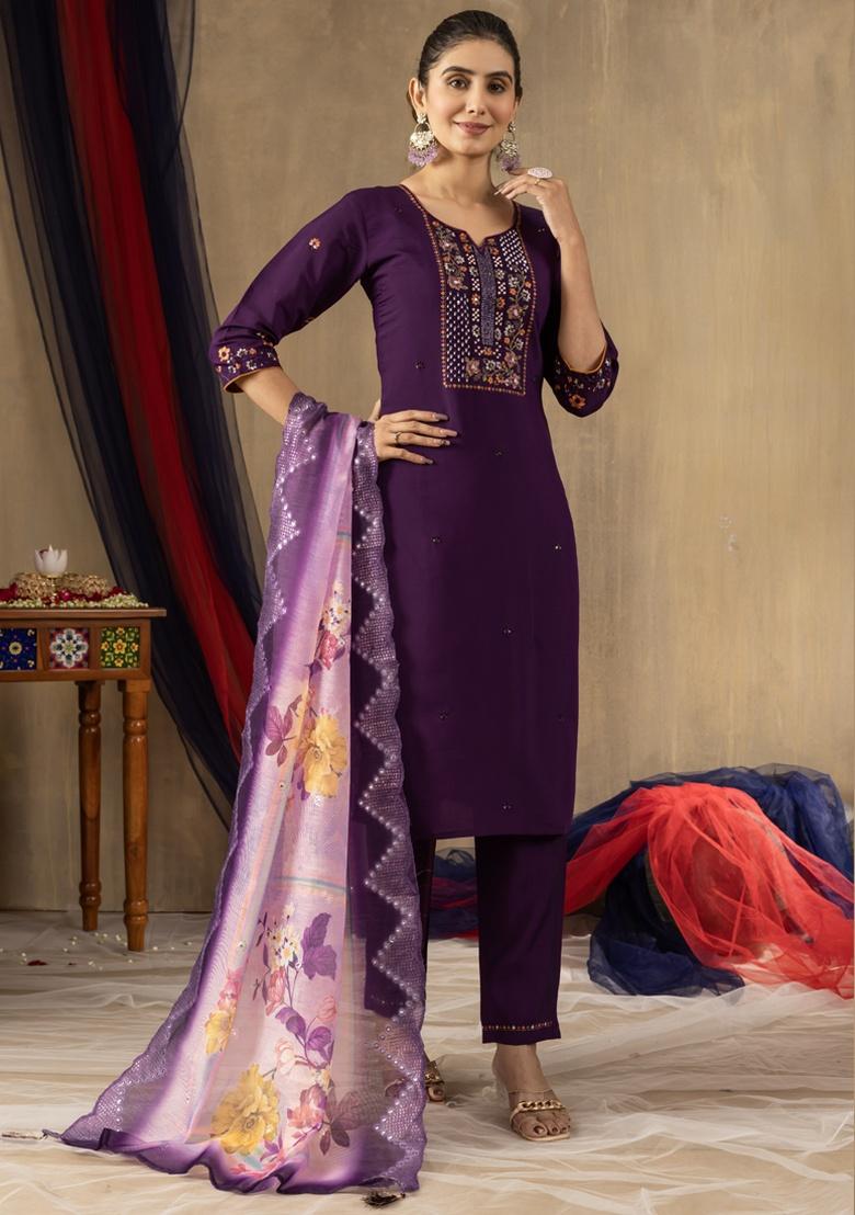 Purple Embroidery Silk Salwar Kameez With Dupatta - Indya