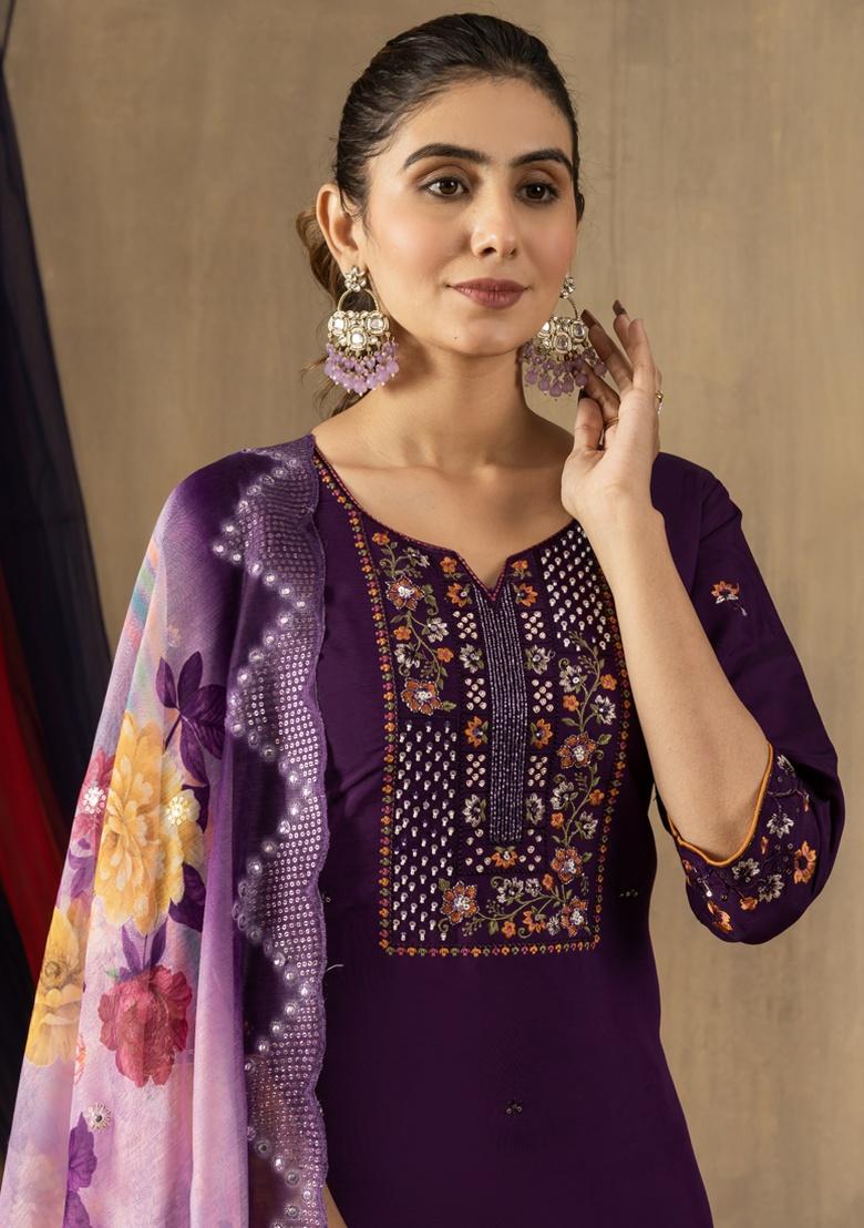 Purple Embroidery Silk Salwar Kameez With Dupatta - Indya