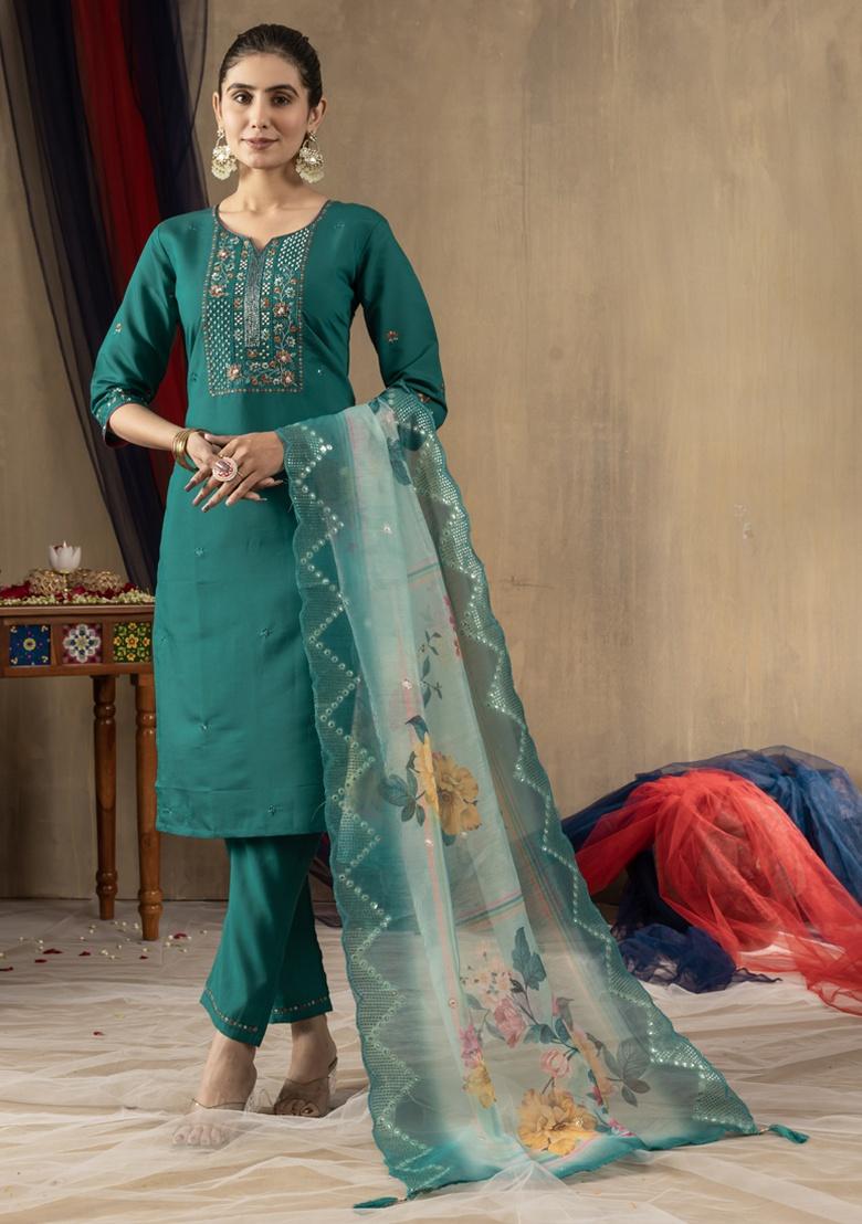 Rama Green Embroidery Silk Salwar Kameez With Dupatta - Indya