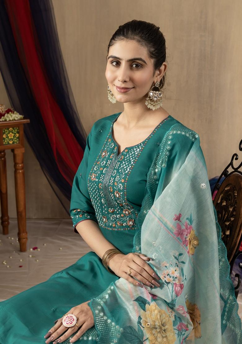 Rama Green Embroidery Silk Salwar Kameez With Dupatta - Indya
