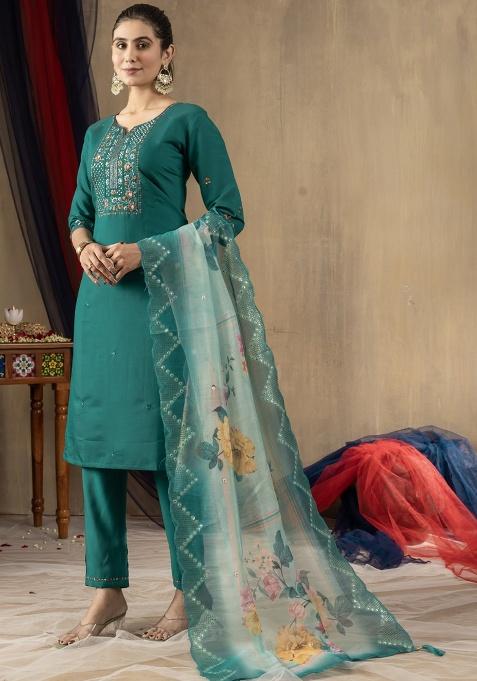 Rama Green Embroidery Silk Salwar Kameez With Dupatta