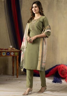 Mahendi Embroidery Silk Salwar Kameez With Dupatta