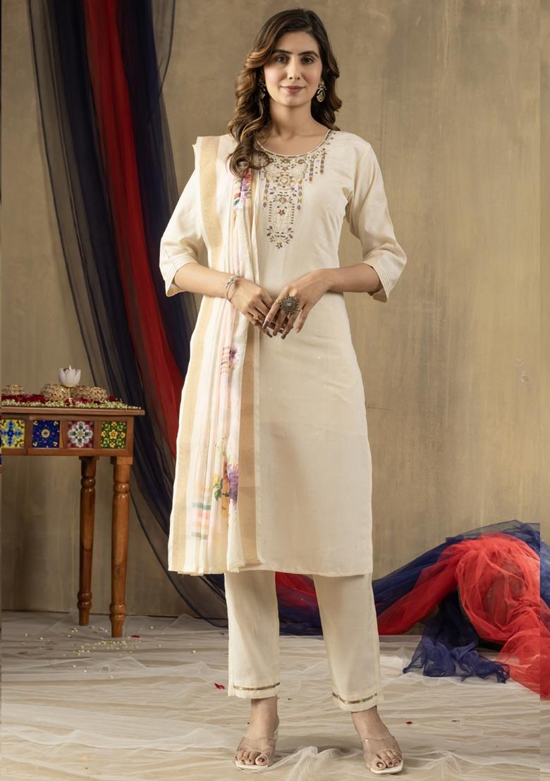Off White Embroidery Silk Salwar Kameez With Dupatta - Indya