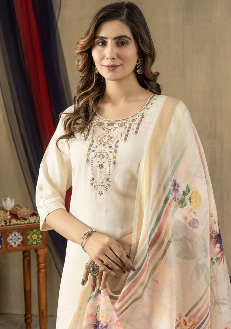 Off White Embroidery Silk Salwar Kameez With Dupatta - Indya