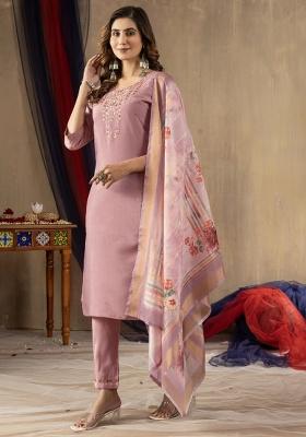 Onion Pink Embroidery Silk Salwar Kameez With Dupatta
