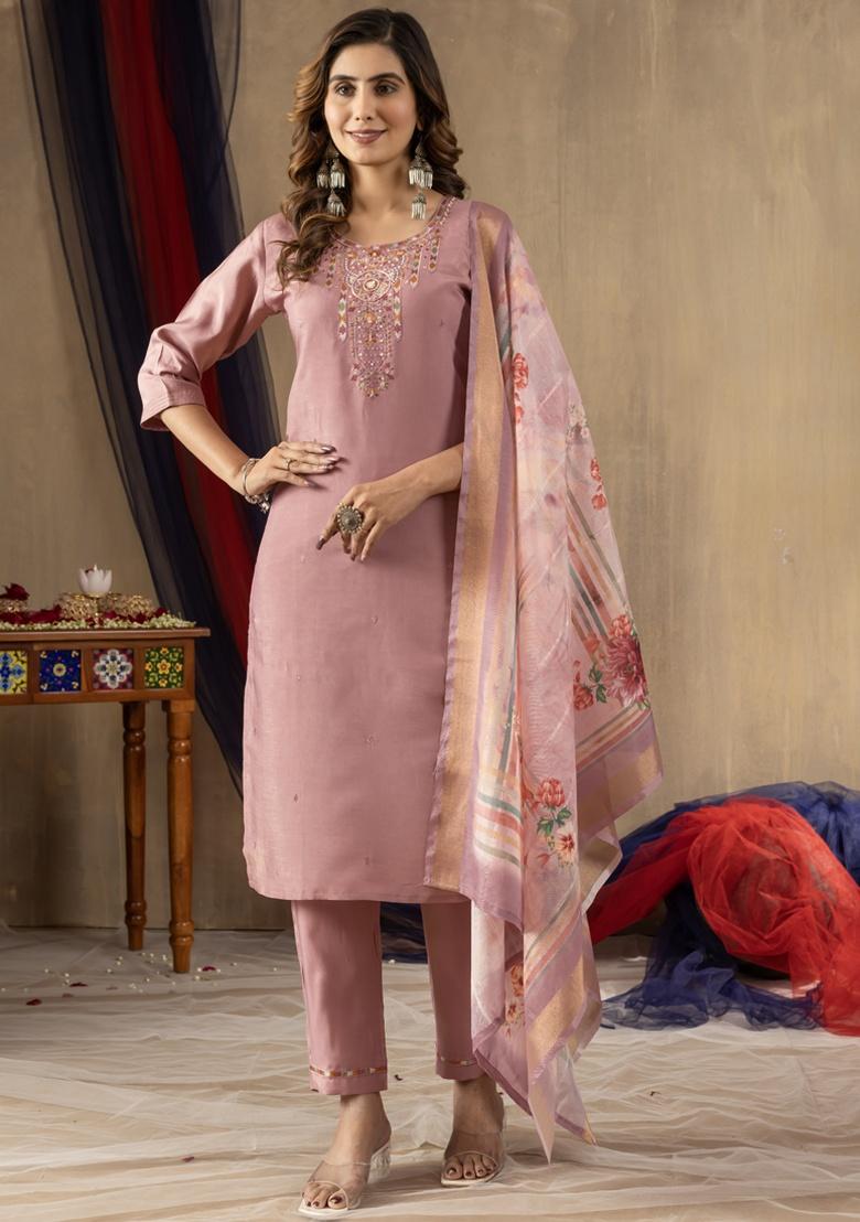 Onion Pink Embroidery Silk Salwar Kameez With Dupatta - Indya