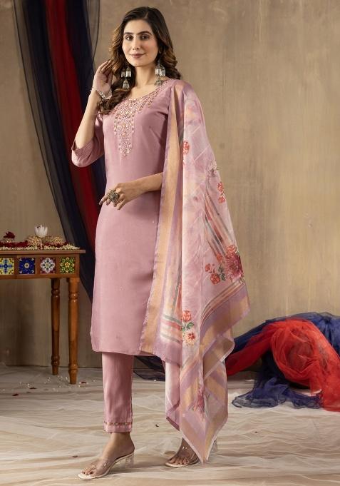 Onion Pink Embroidery Silk Salwar Kameez With Dupatta