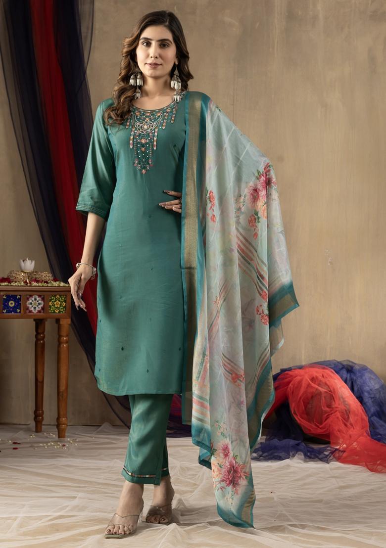 Rama Green Embroidery Silk Salwar Kameez With Dupatta - Indya