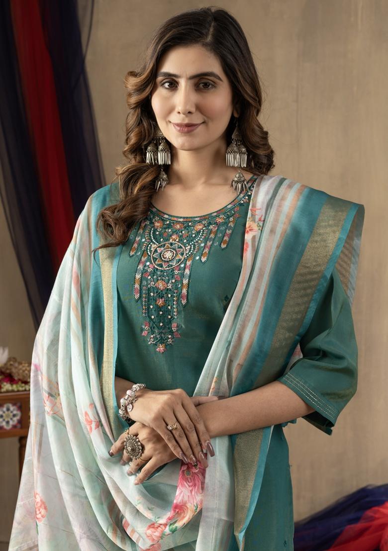 Rama Green Embroidery Silk Salwar Kameez With Dupatta - Indya