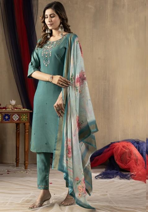 Rama Green Embroidery Silk Salwar Kameez With Dupatta