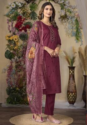 Wine Embroidery Silk Salwar Kameez With Dupatta