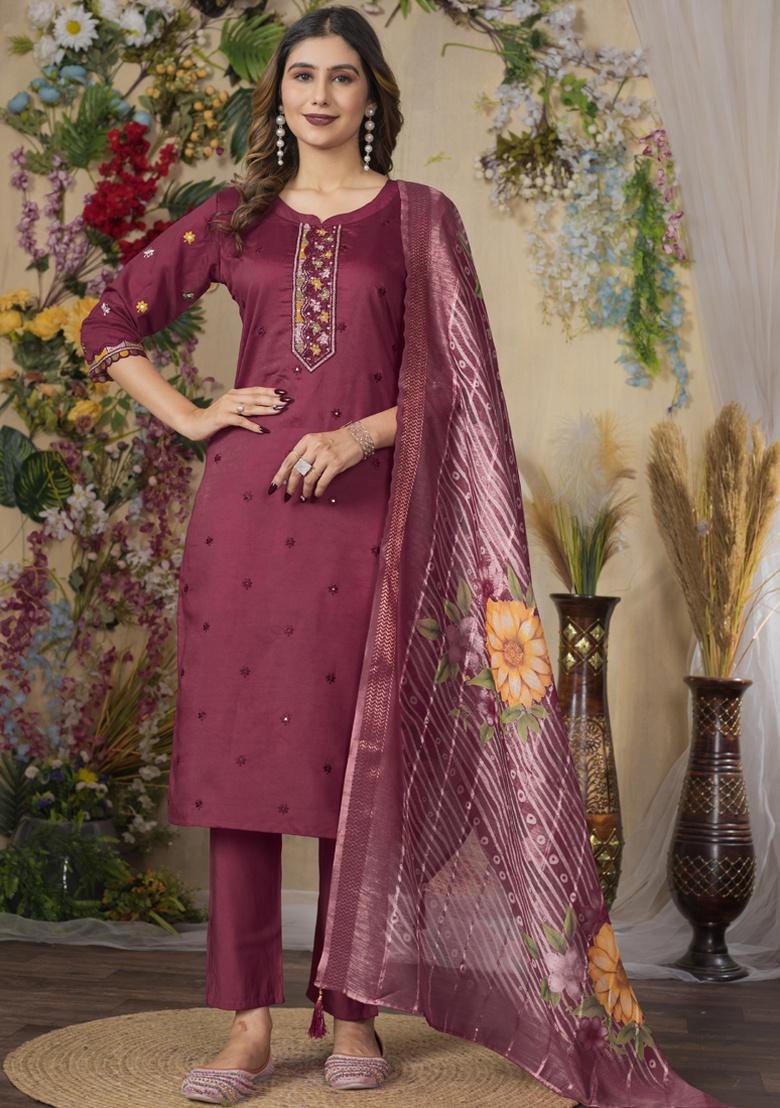 Wine Embroidery Silk Salwar Kameez With Dupatta - Indya