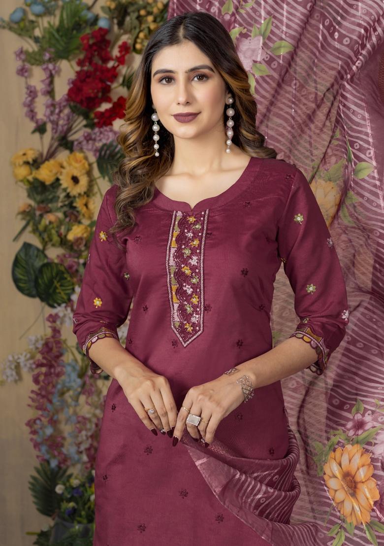 Wine Embroidery Silk Salwar Kameez With Dupatta - Indya
