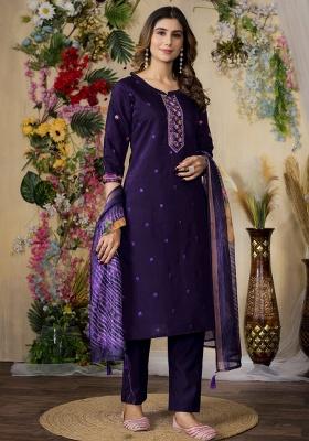 Purple Embroidery Silk Salwar Kameez With Dupatta