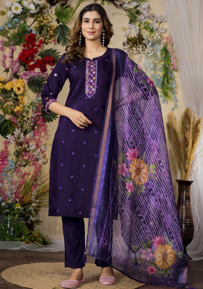 Purple Embroidery Silk Salwar Kameez With Dupatta - Indya