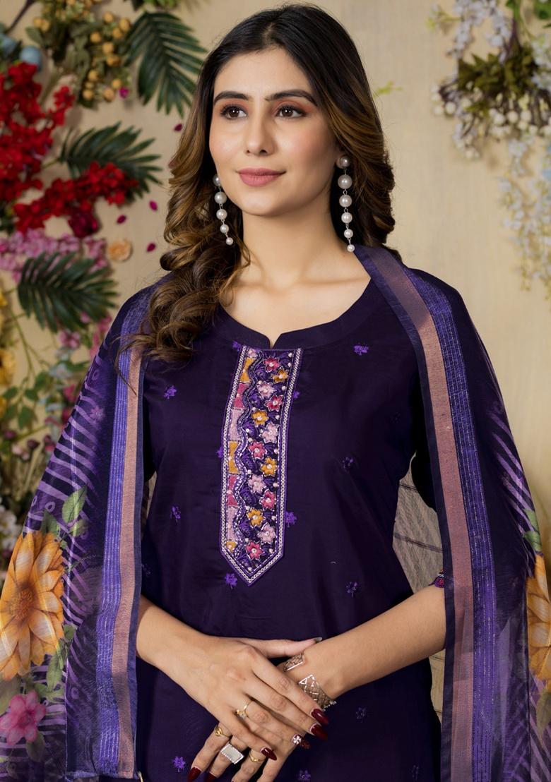 Purple Embroidery Silk Salwar Kameez With Dupatta - Indya