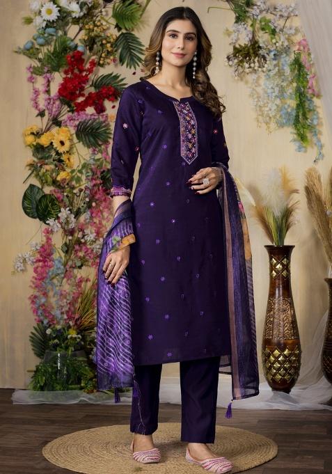 Purple Embroidery Silk Salwar Kameez With Dupatta