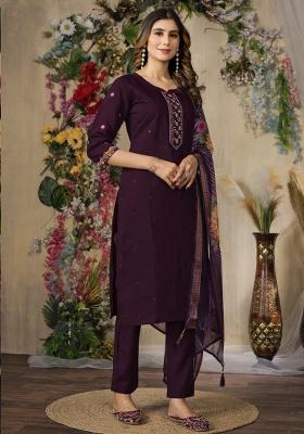 Wine Embroidery Silk Salwar Kameez With Dupatta