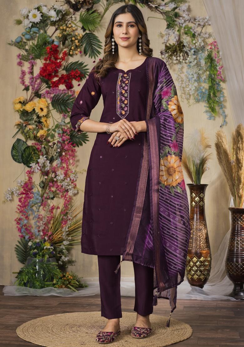 Wine Embroidery Silk Salwar Kameez With Dupatta - Indya