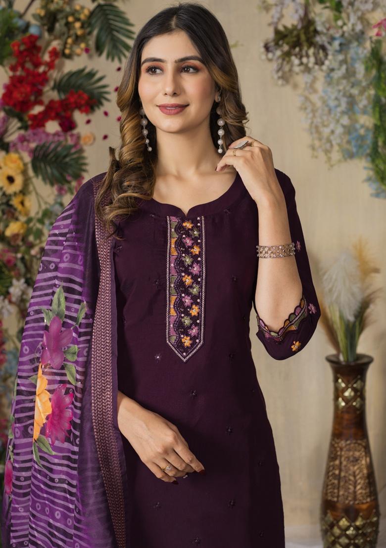 Wine Embroidery Silk Salwar Kameez With Dupatta - Indya