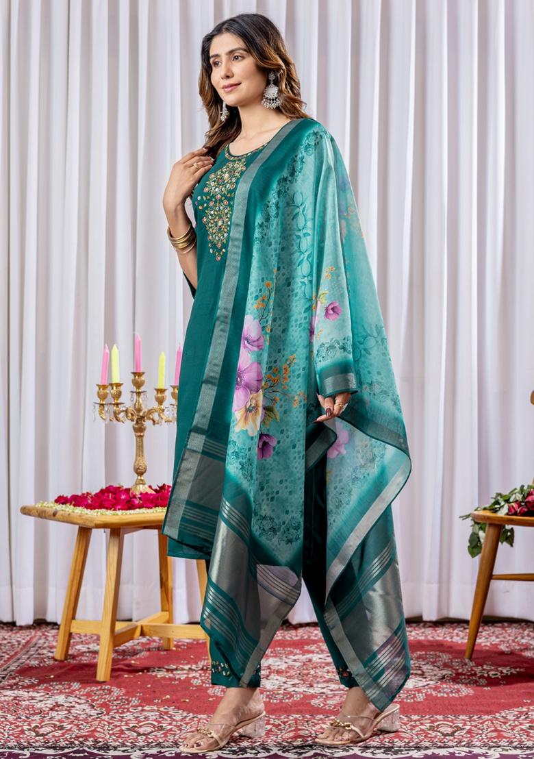 Rama Green Embroidery Silk Salwar Kameez With Dupatta - Indya