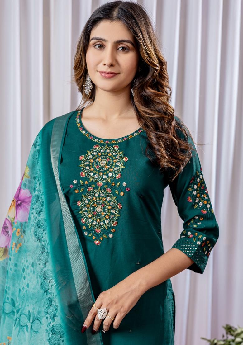 Rama Green Embroidery Silk Salwar Kameez With Dupatta - Indya