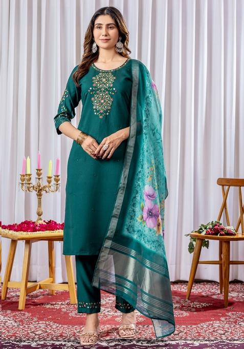 Rama Green Embroidery Silk Salwar Kameez With Dupatta