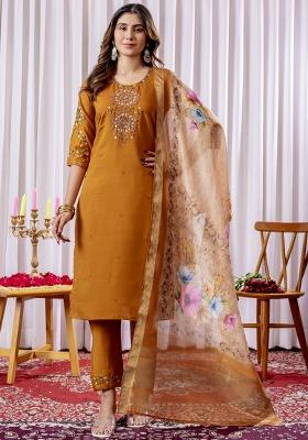Mustard Embroidery Silk Salwar Kameez With Dupatta