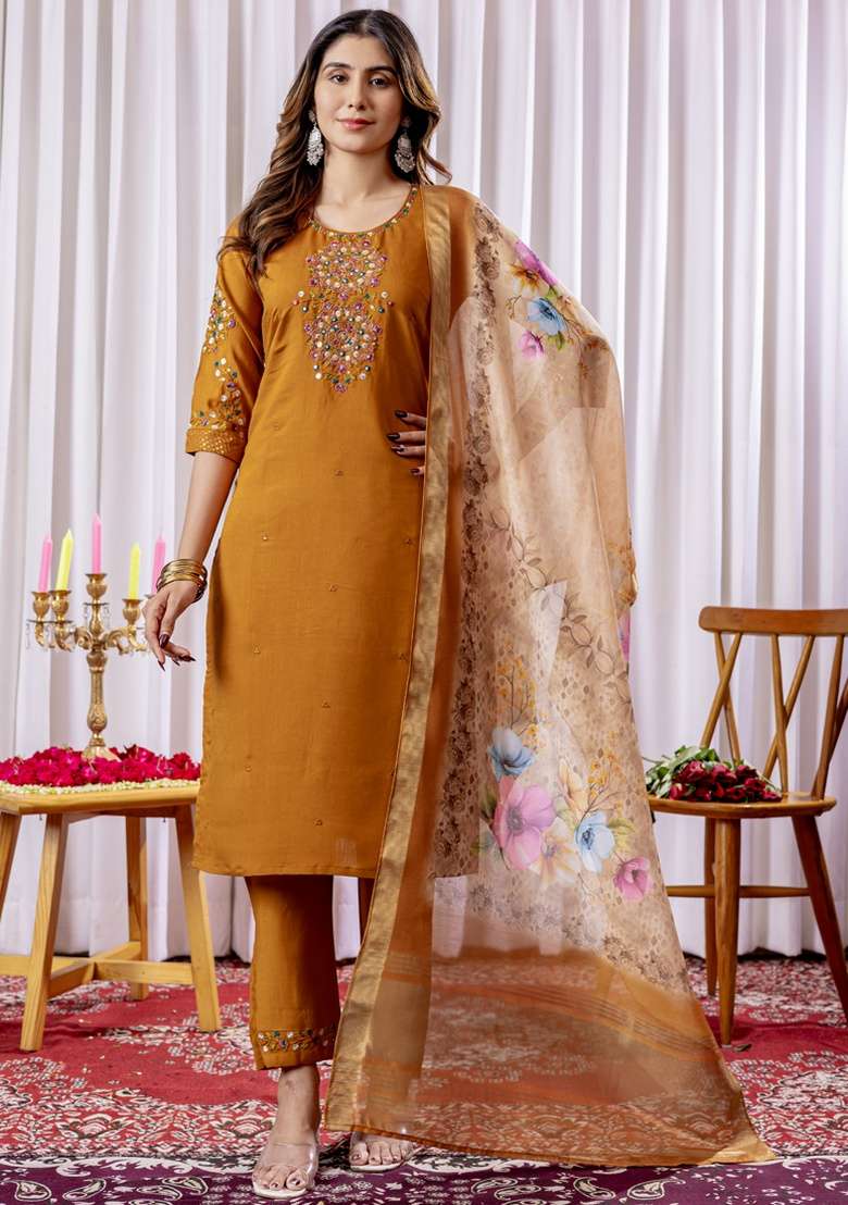 Mustard Embroidered Silk Blend Straight Kurta Set - Indya