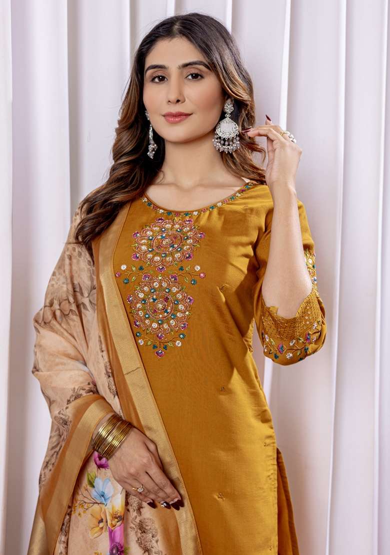 Mustard Embroidered Silk Blend Straight Kurta Set - Indya