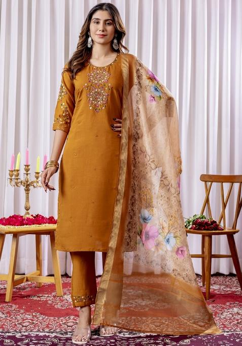 Mustard Embroidery Silk Salwar Kameez With Dupatta