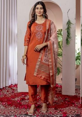 Orange Embroidery Silk Salwar Kameez With Dupatta