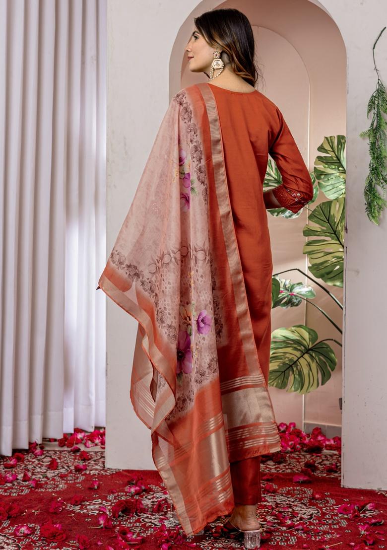 Orange Embroidery Silk Salwar Kameez With Dupatta - Indya