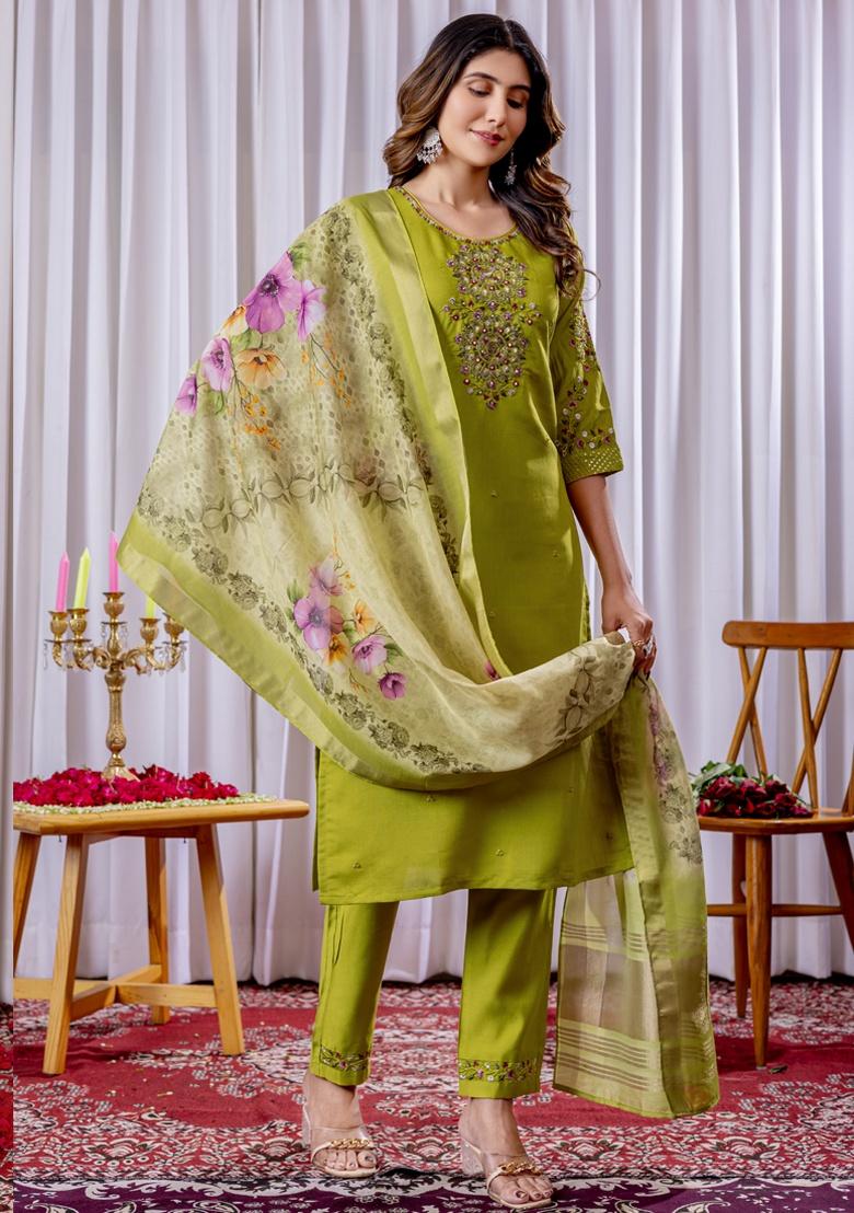 Parrot Green Embroidery Silk Salwar Kameez With Dupatta - Indya
