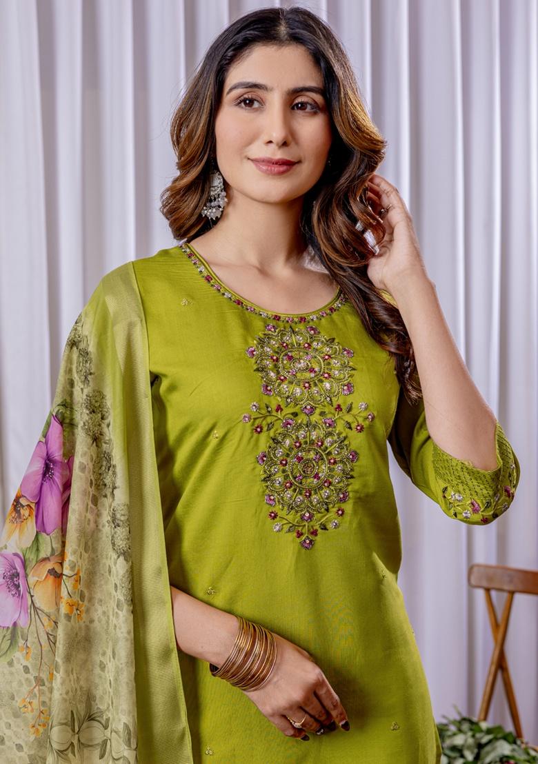 Parrot Green Embroidery Silk Salwar Kameez With Dupatta - Indya