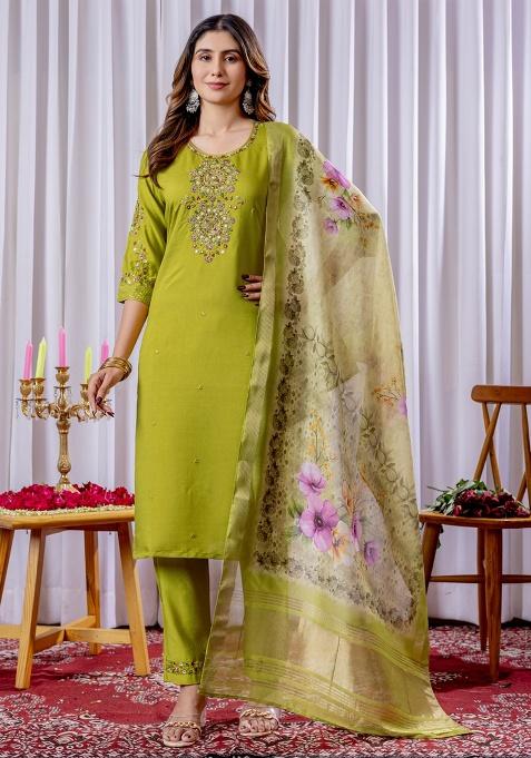 Parrot Green Embroidery Silk Salwar Kameez With Dupatta